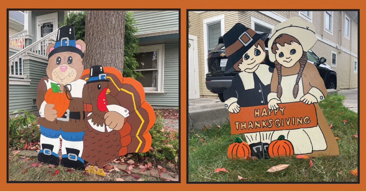 Alameda Post - Hand painted lawn decorations of pilgrims and a turkey. 