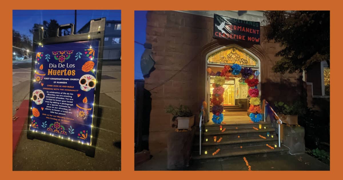 Alameda Post - The front of a church decorated for Dia De Los Muertos. 