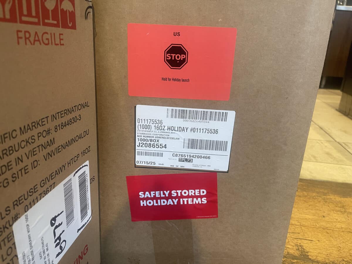 Alameda Post - A cardboard box with a bright red sticker that says "STOP. Hold for Holiday Launch."