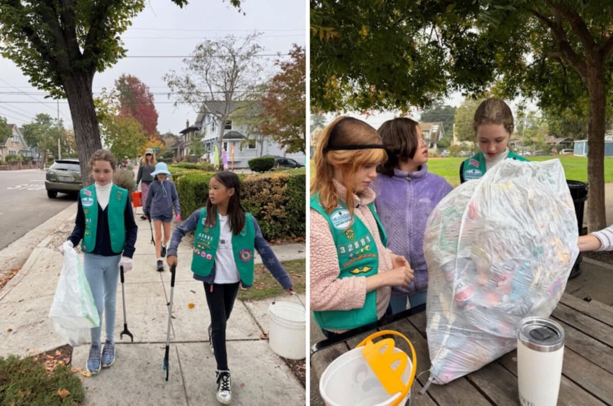 Alameda Post - Girl scouts walk to collect trash, and scouts stand around a large bag of trash.