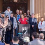 Alameda Post - officials gathered on the steps of Alameda's Veterans Memorial building for a press conference on December 15, 2025. Photo by Maurice Ramirez.