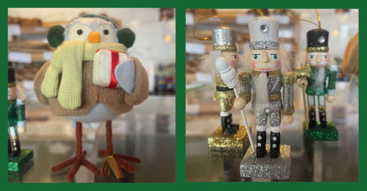 Alameda Post - Decorations on a bakery counter. One is a bird wrapped in warm clothes and carrying a present. The others are nutcrackers.