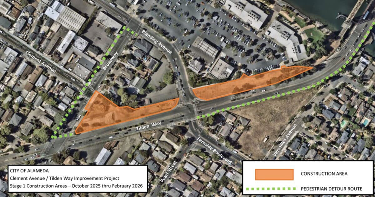 Alameda Post - Stage 1 Construction Areas highlighted on a map of Clement Avenue and Tilden Way.