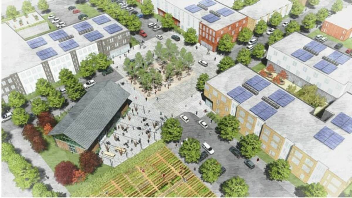 Alameda Post - A concept drawing of apartments, a main building, and a plaza.