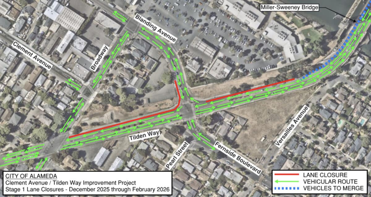 Alameda Post - a map of lane closures for the Clement Avenue/ Tilden Way Improvement Project.
