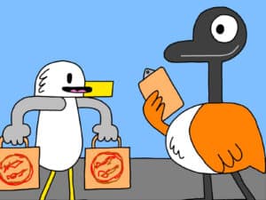 Alameda Post - Seagull is carrying grocery bags, and Goose holds a clipboard.