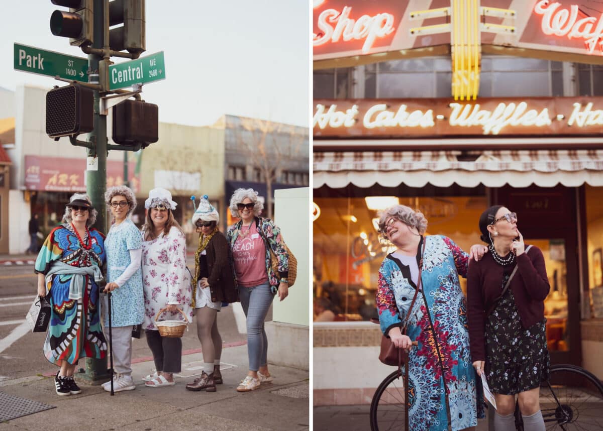 Alameda Post - In one photo, five women dressed up in Grandma outfits for GrannyCon stand at the corner of Park and Central. In another, two stand in front of the Waffle shop on Park. 