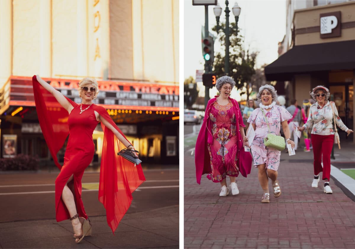 Alameda Post - A woman dressed in a fabulous red dress poses in front of the Alameda theater, and a group of three women in granny attire cross a crosswalk on Park. 