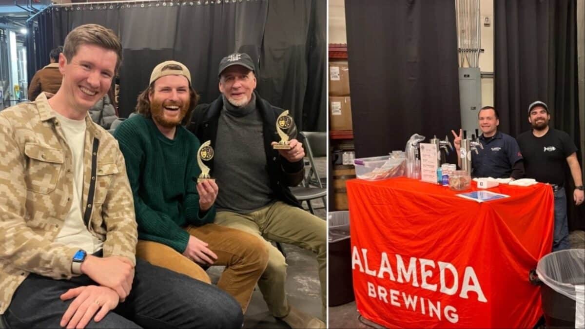 Alameda Post - A photo of three men smiling and sitting together. Two hold small trophies. And a photo of two men manning a booth for beverages.