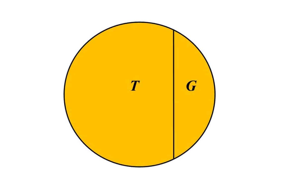 Alameda post - A circle cut into uneven halves, with one labeled T and one labeled G.