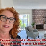 Alameda Post - A smiling red haired woman stands in in a living room with the words "Properties Sold in Alameda, CA Presented by Realtor Liz Rush" over the top.