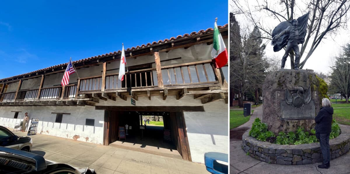 Alameda Post - An old barracks building with various flags, including the Mexican and American. In another photo, a woman looks up at a statue of a man holding a flag.