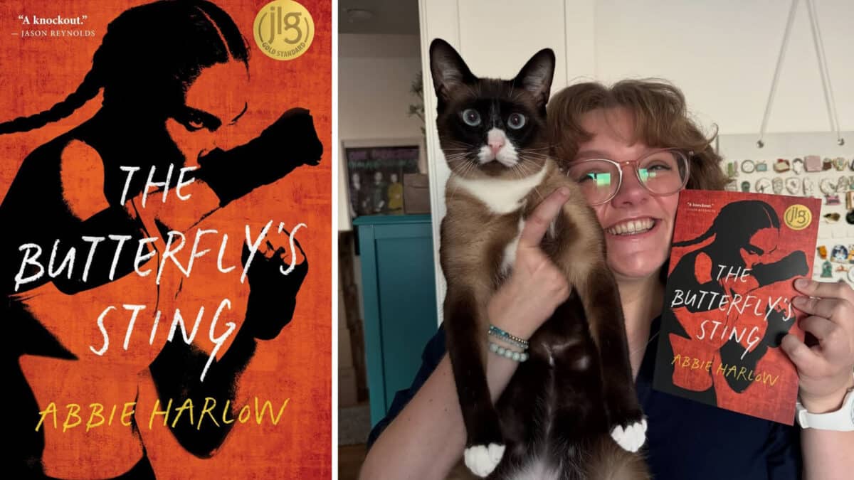 Alameda Post - The cover of The Butterly's Sting, and a photo of a woman smiling, holding up a cat and the book. 