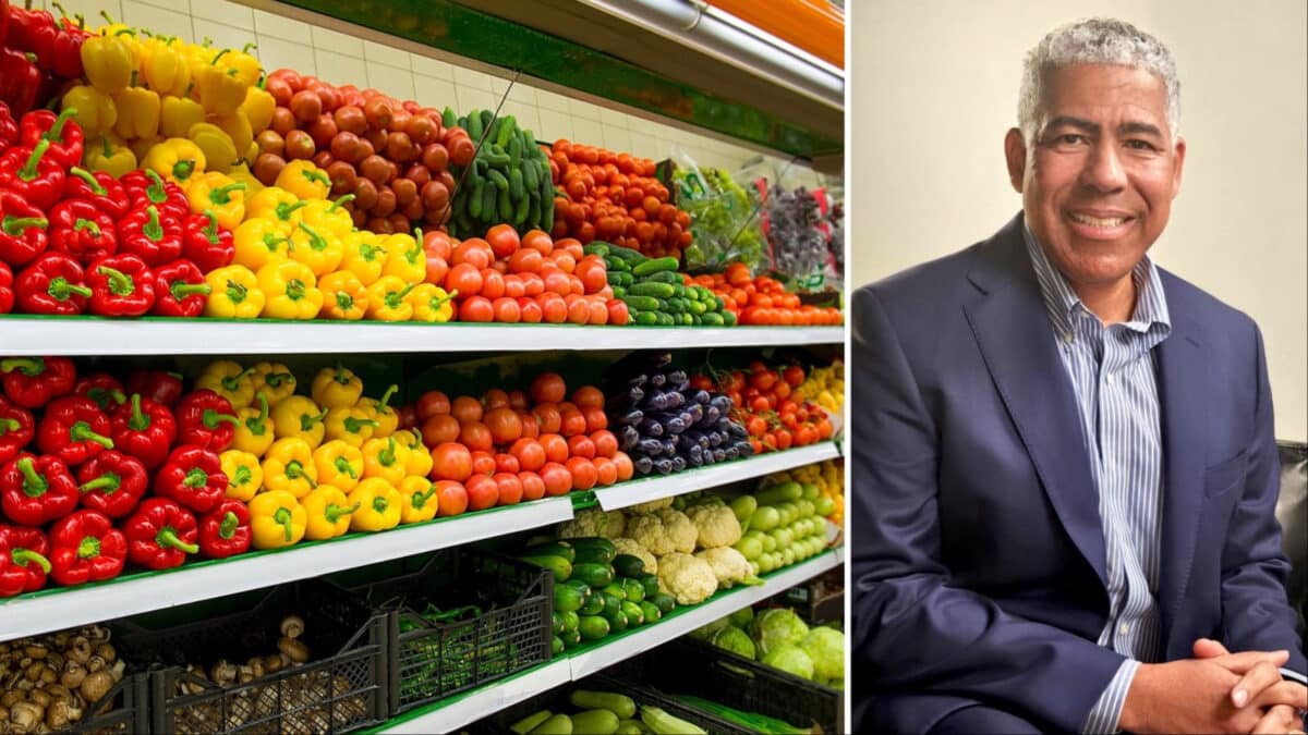 Alameda Post - A photo of a produce section in a grocery store and a headshot of Dr. David Pryor.