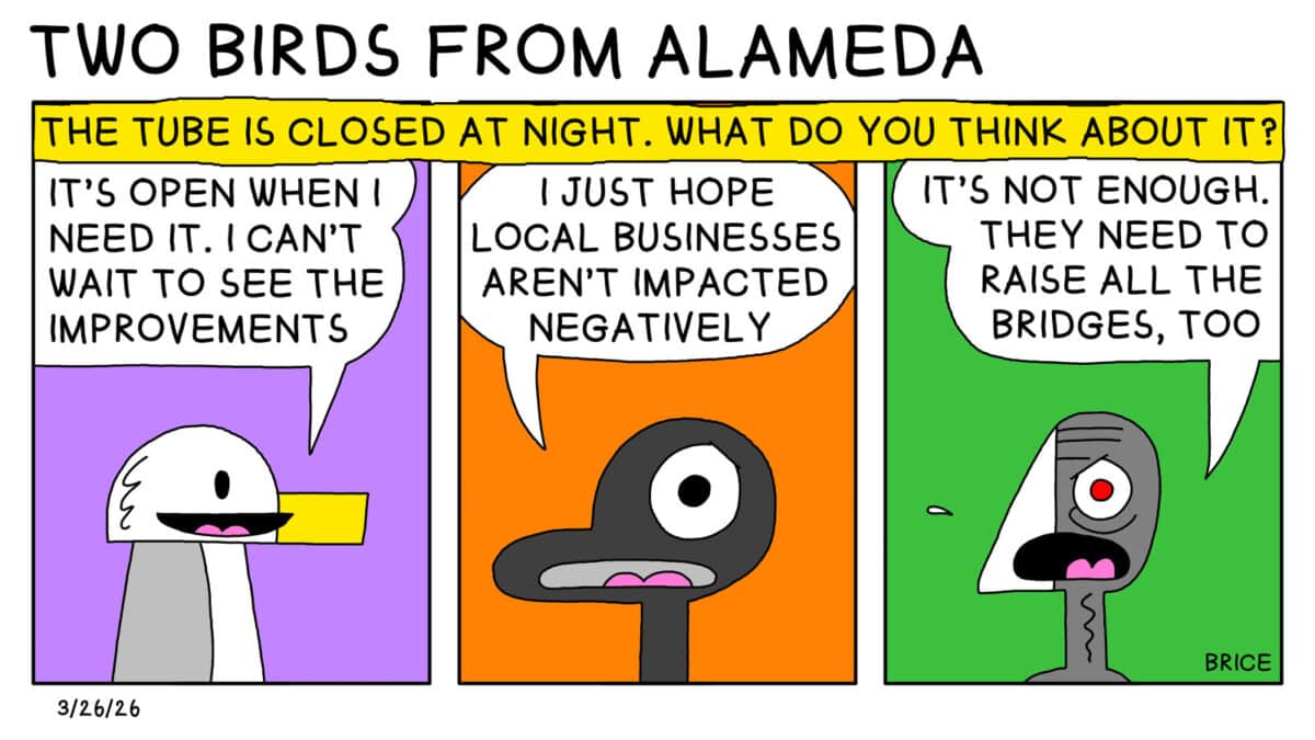 Alameda Post - Two Birds from Alameda for March 26, 2026. A heading across the top says, "The tube is closed at night. What do you think about it?" First panel: Seagull says, "It's open when I need it. I can't wait to see the improvements." Second panel: Goose says, "I just hope local businesses aren't impacted negatively." Third panel: Old Coot says, "It's not enough. They need to raise all the bridges, too."