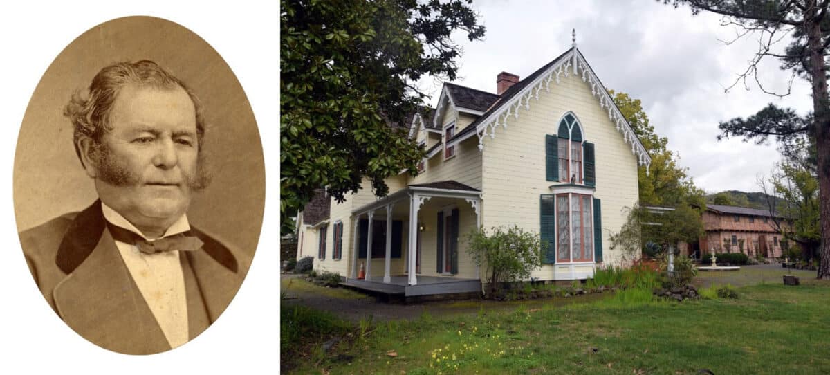 Alameda Post - A sepia portrait of Mariano Guadalupe Vallejo, and a photo of a historic house with white lacey trim.