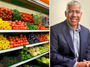 Alameda Post - A photo of a produce section in a grocery store and a headshot of Dr. David Pryor.