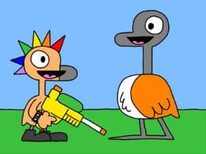 Alameda Post - Characters from Two Birds from Alameda. a young bird with a rainbow mohawk and a water gun talks with Goose.
