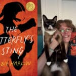 Alameda Post - The cover of The Butterly's Sting, and a photo of a woman smiling, holding up a cat and the book.