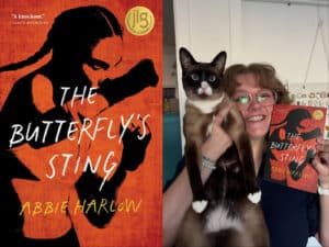 Alameda Post - The cover of The Butterly's Sting, and a photo of a woman smiling, holding up a cat and the book.