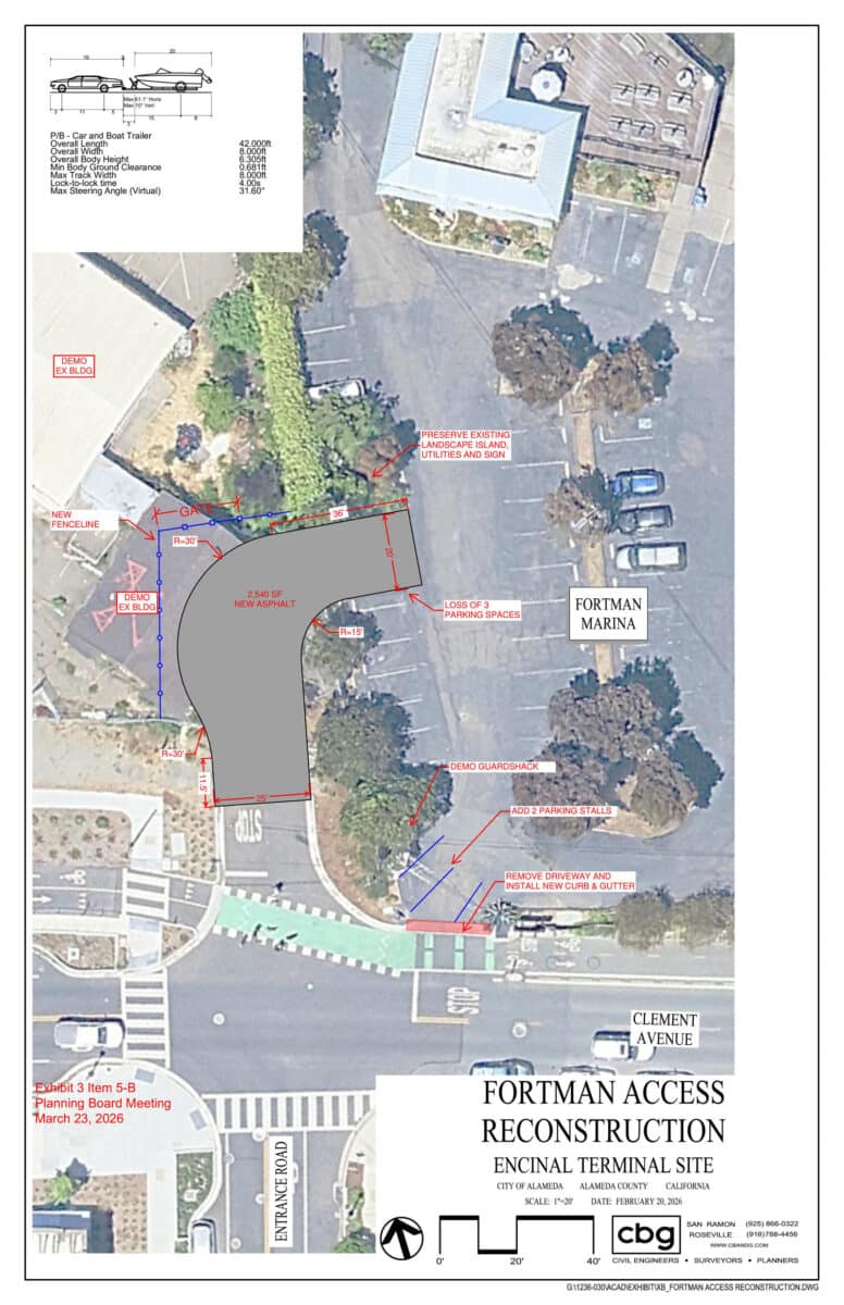 Alameda Post - A map of a section of the Fortman Marina with annotations for access improvements and building demolition.
