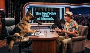 Alameda Post - A generated image of a German shepherd interviewing a man in a Hawaiian shirt.