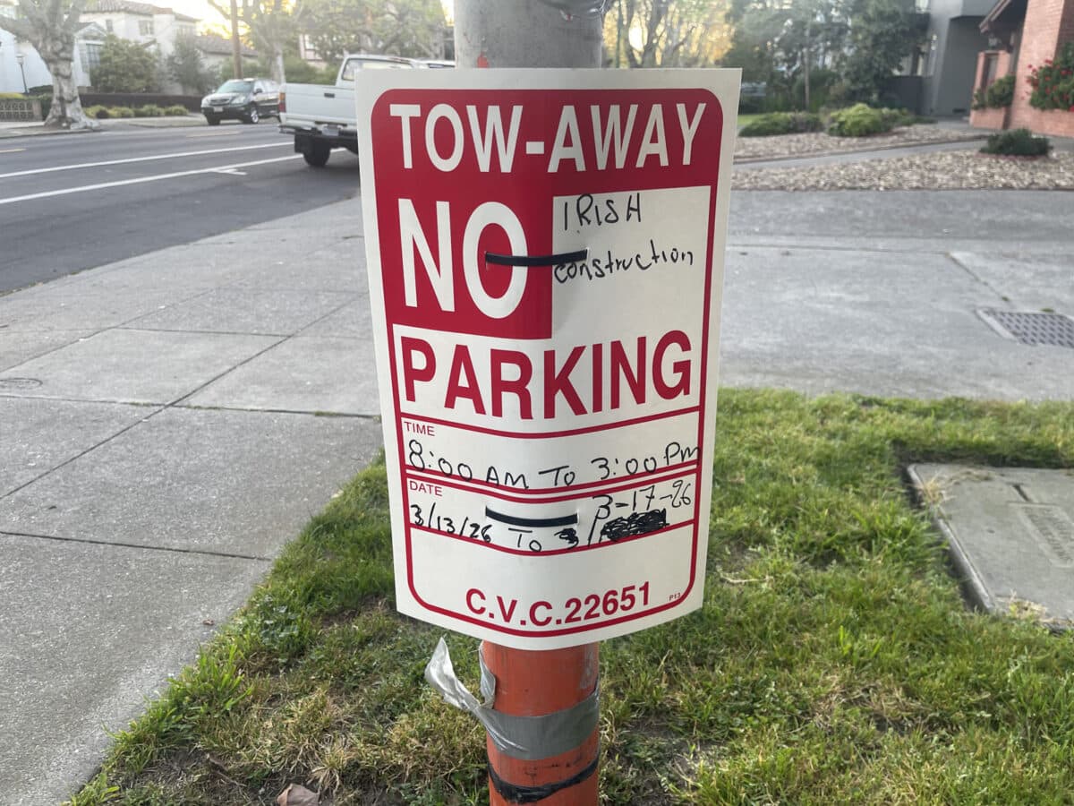 Alameda Post - A no parking sign indicating no parking from March 13 to March 17 for Irish Construction.