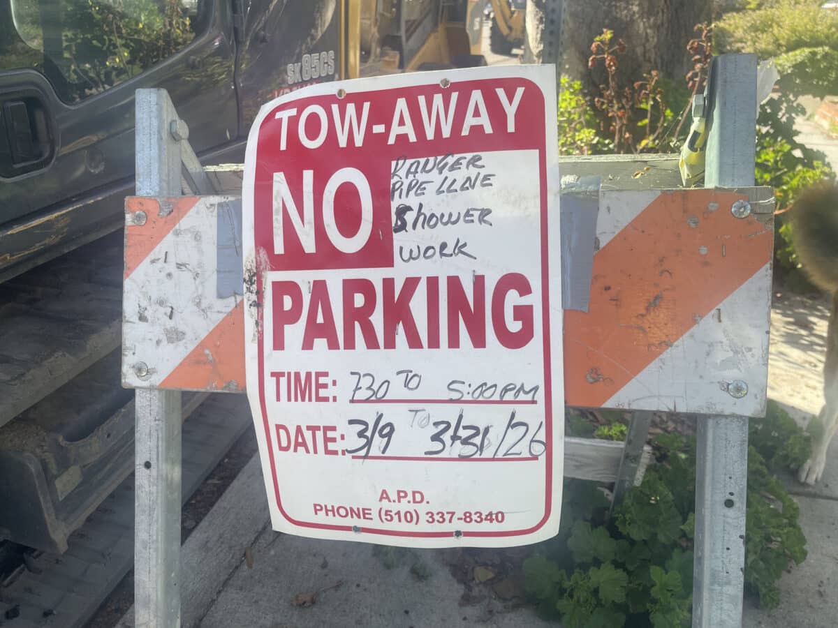 Alameda Post - A no parking sign indicating no parking from March 9th to March 31st for Ranger Pipeline Shower Work.