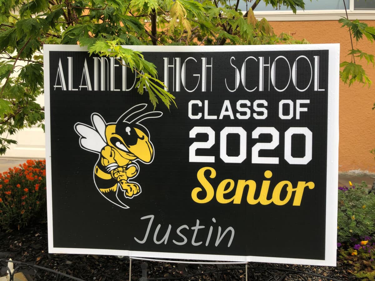 Alameda Post - A sign that says "Alameda High School Class of 2020 Senior Justin"