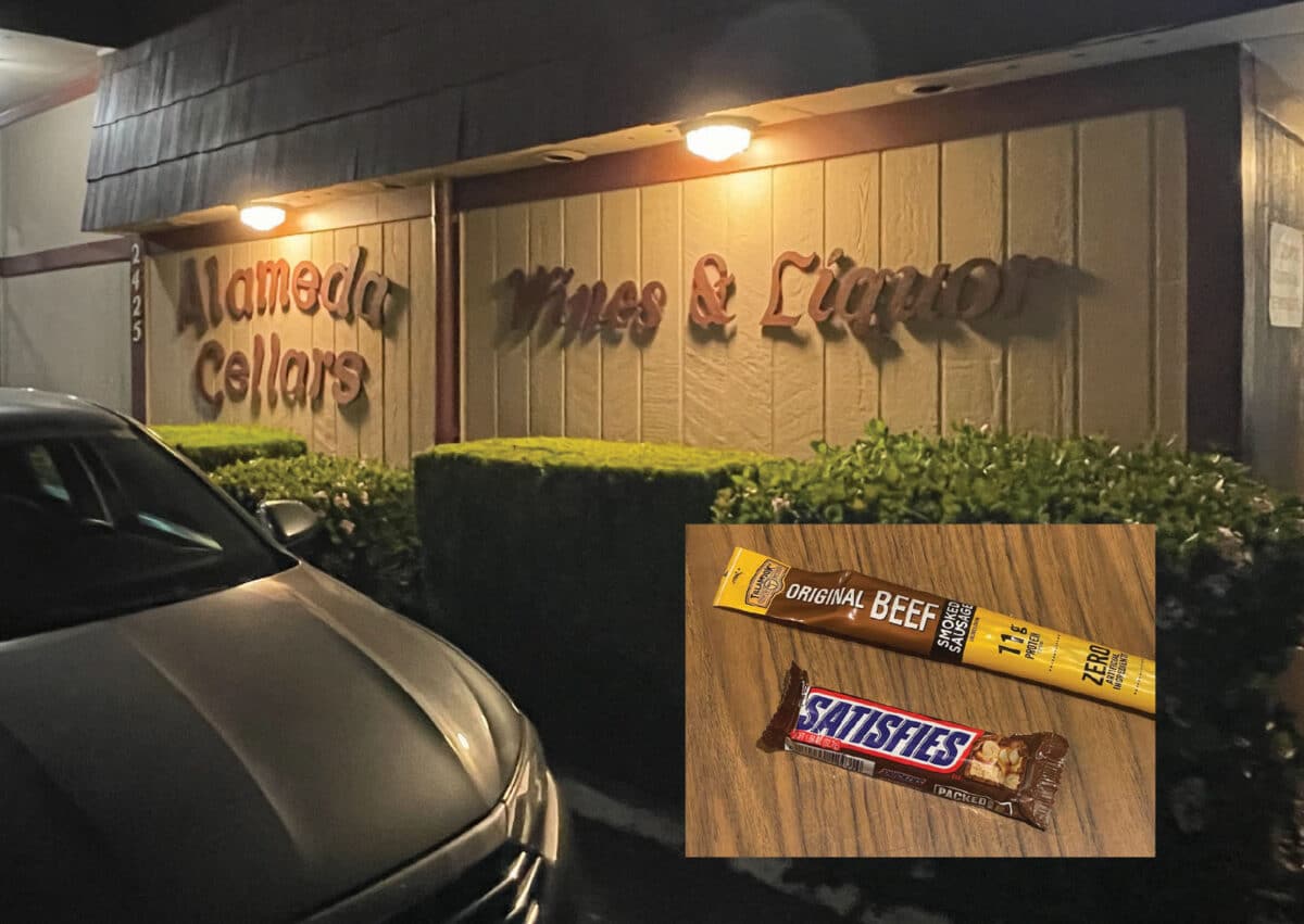 Alameda Post - A photo of the outside on Alameda Cellars, and a photo of a snickers and beef stick. 