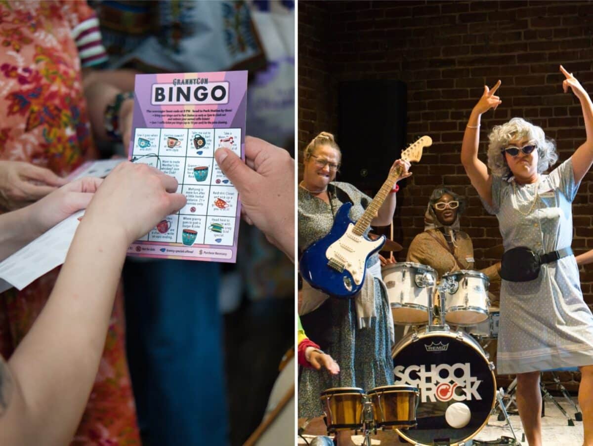 Alameda Post - A photo of a person putting stickers on a GrannyCon bingo card, and a photo of a female band. 