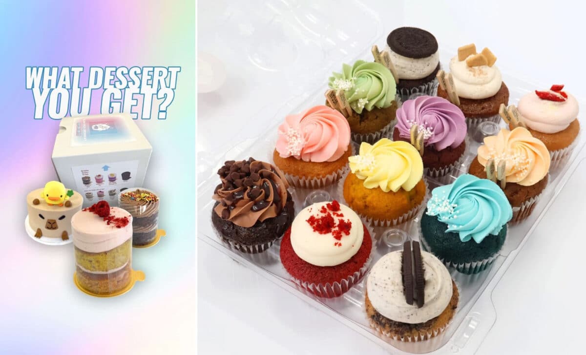 Alameda Post - An advertisement of a surprise box of cake, and a tray of colorful cupcakes. 