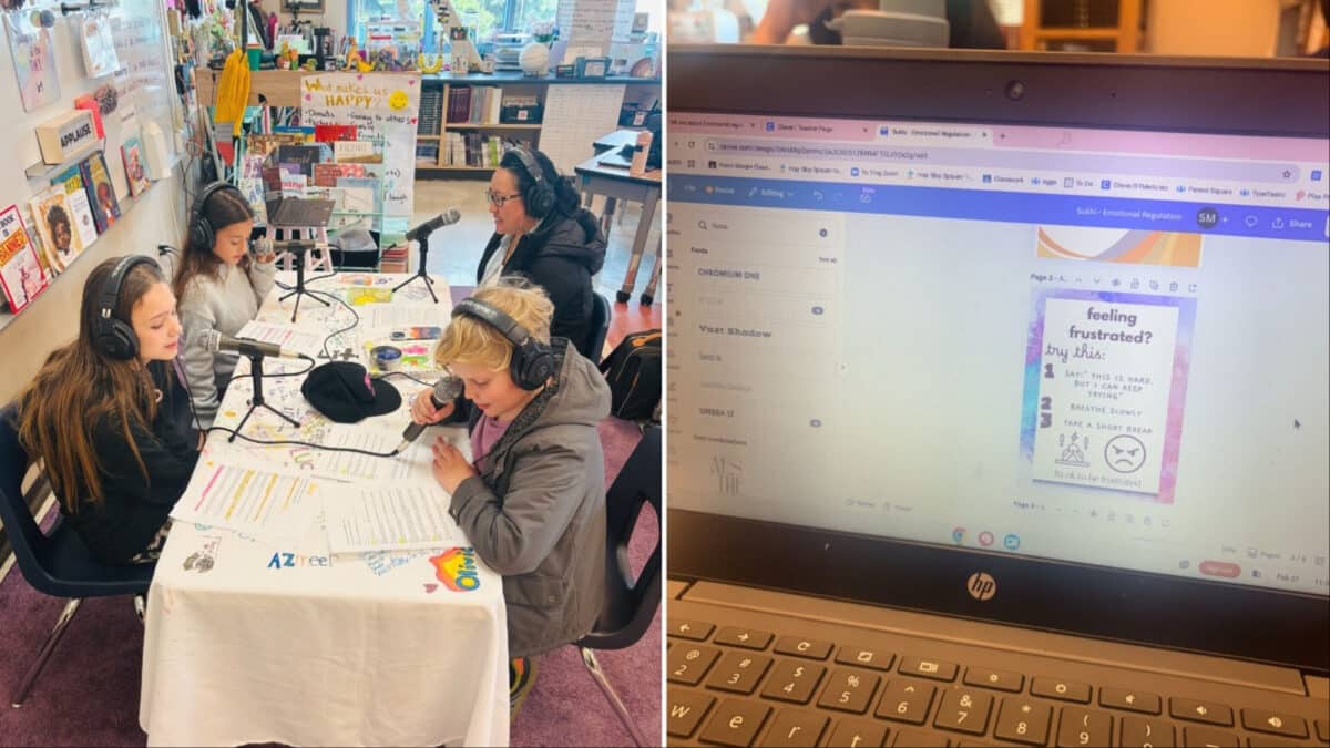 Alameda Post - Four elementary schoolers and one adult sit around a table with podcast equipment. They are recording the February Little Minds Big Talks podcast.