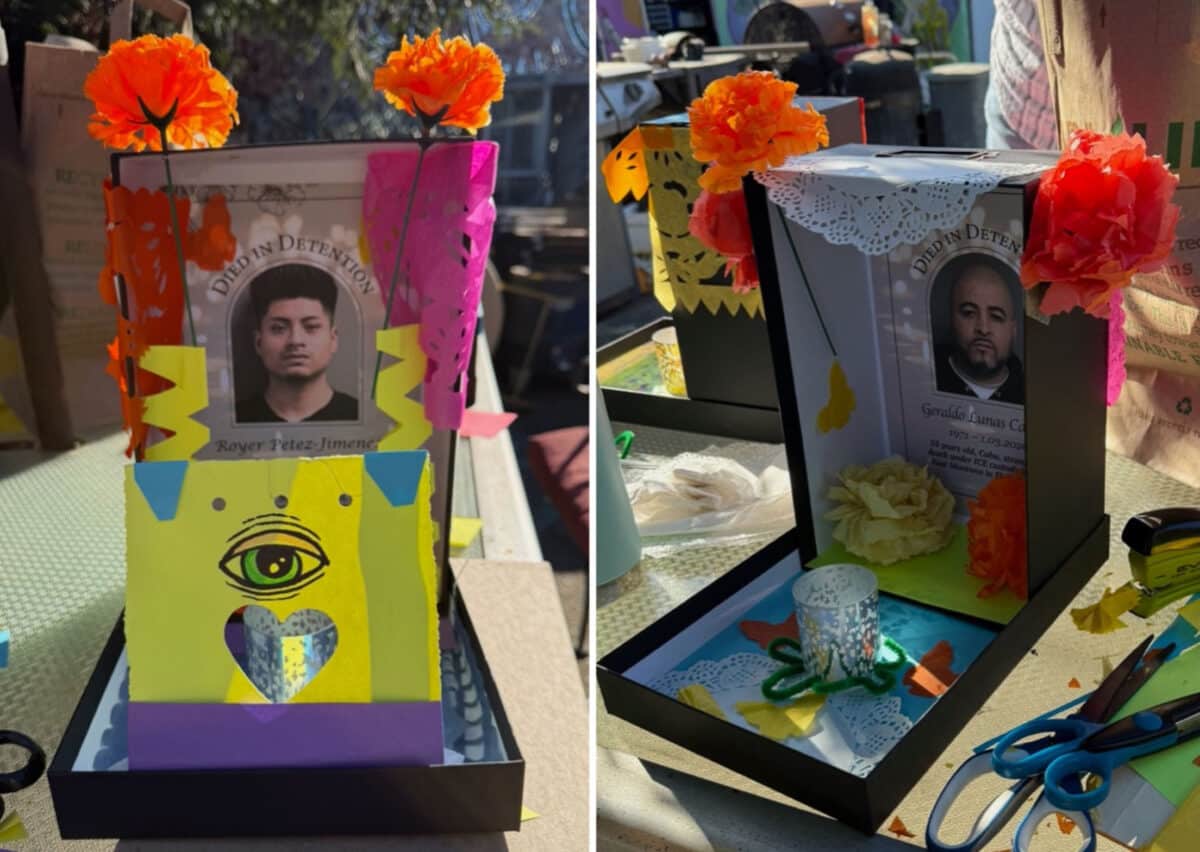Alameda Post - Two small ofrendas with photos of people lost in ICE detention. They are decorated with paper marigolds. 