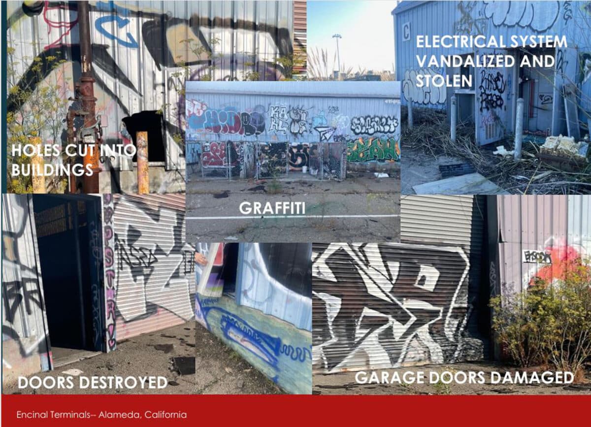 Alameda Post - A collage of graffiti, vandalism, and damages to garages and doors.