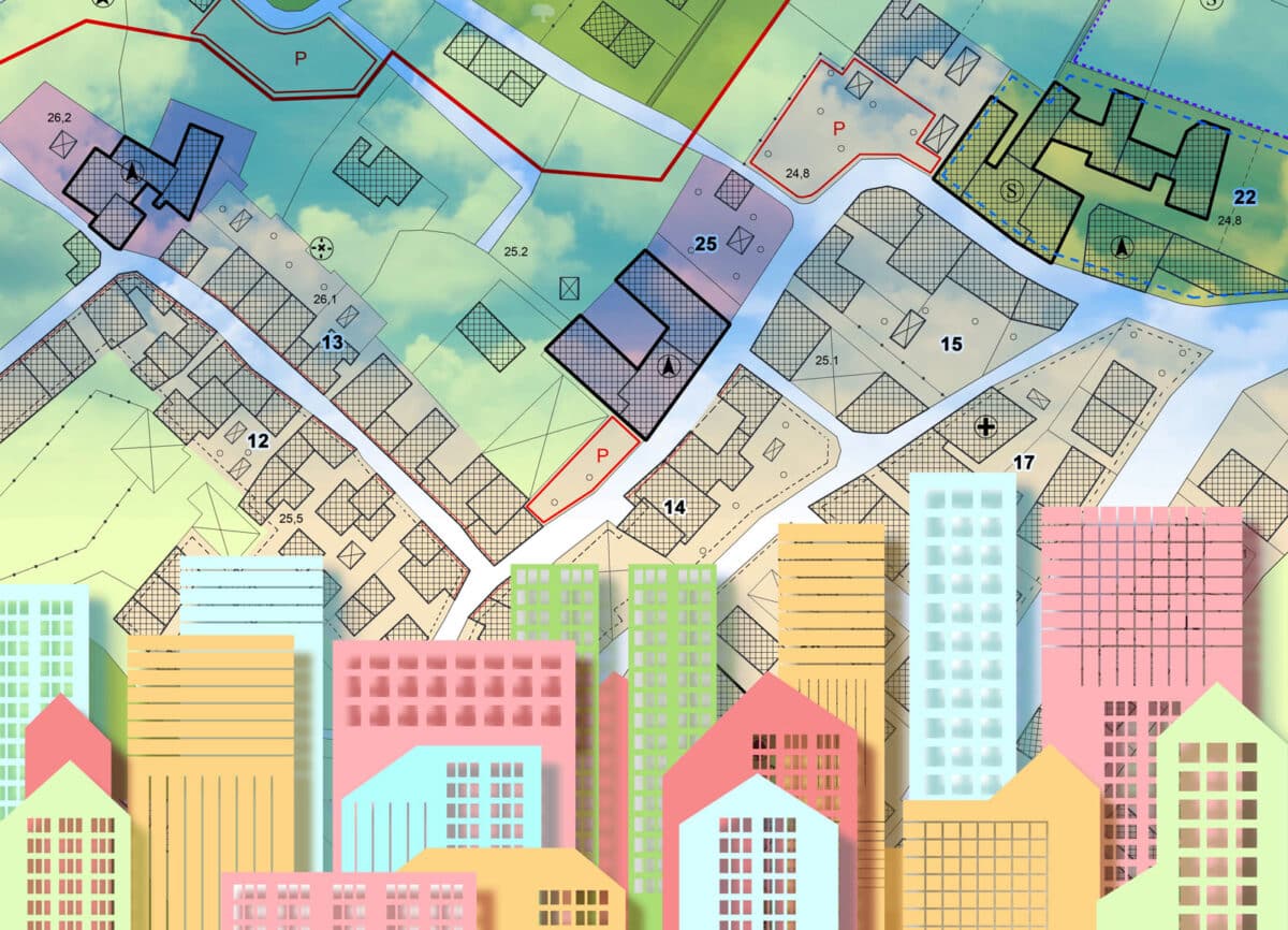 Alameda Post - A colorful image of the outlines of houses and buildings on top of a city map.