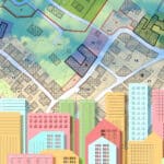 Alameda Post - A colorful image of the outlines of houses and buildings on top of a city map.