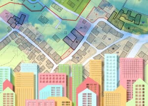 Alameda Post - A colorful image of the outlines of houses and buildings on top of a city map.