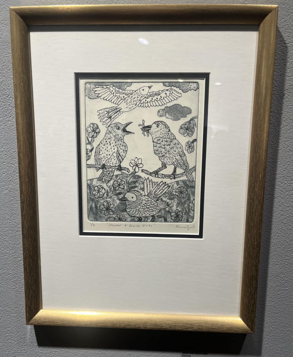 Alameda Post - A drawing of birds flying, on branches, and on the ground. One has something in its beak, and another opens its mouth.