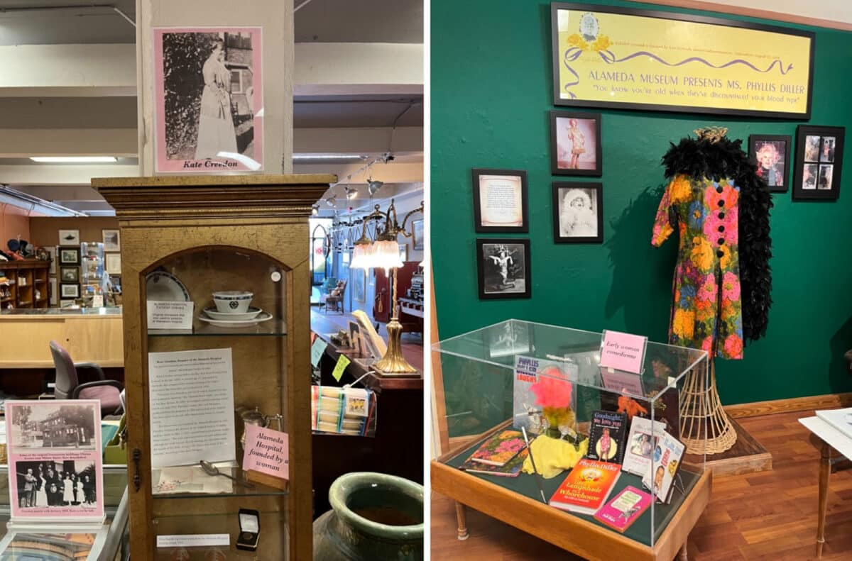 Alameda Post - Displays at the Alameda Museum with photos, dresses, books, and signs. 