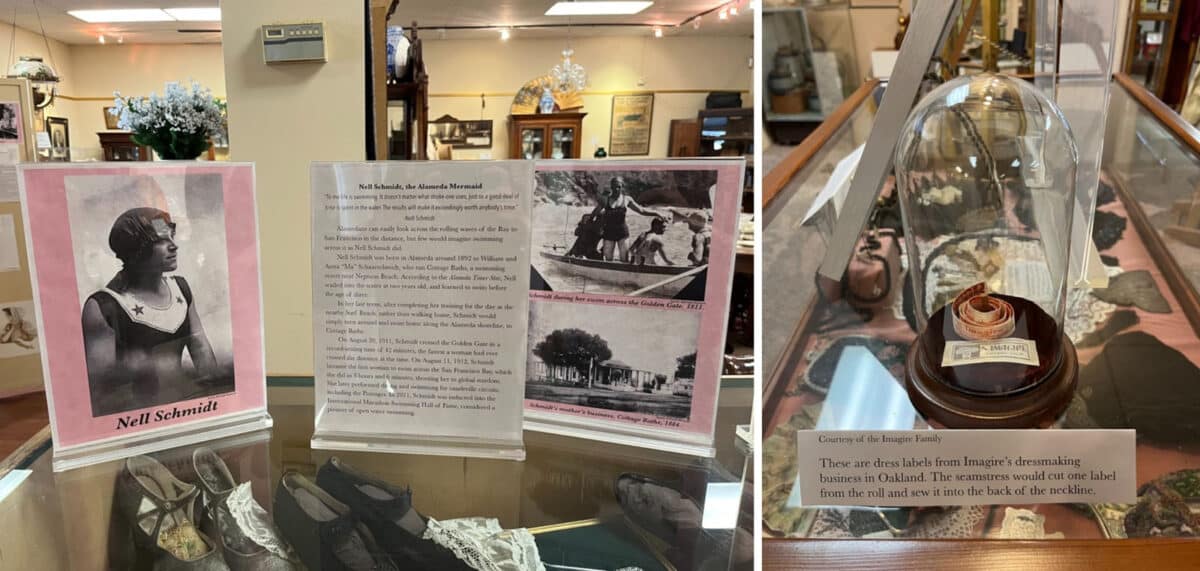 Alameda Post - A display with photos and information about Nell Schmidt, and a display with old sewing supplies.