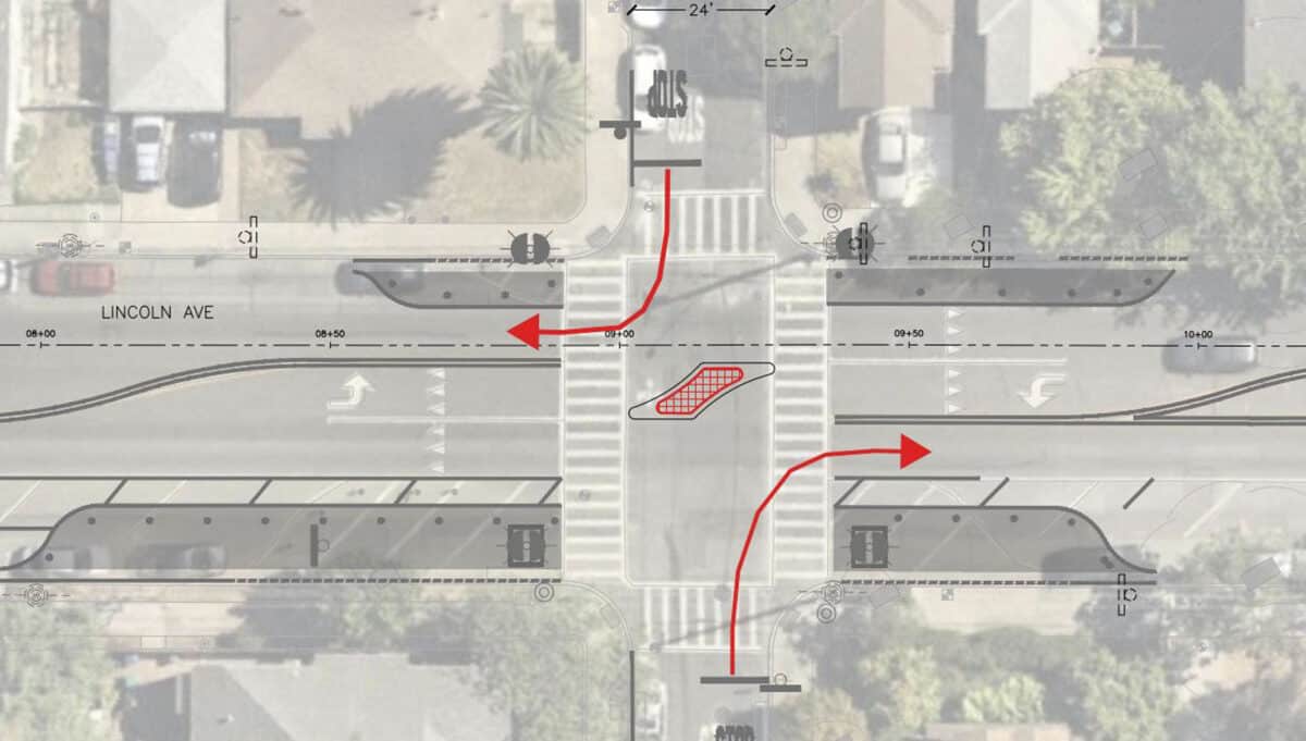 Alameda Post - A graphic of the intersection of Lincoln and Walnut, with a diverteradded.