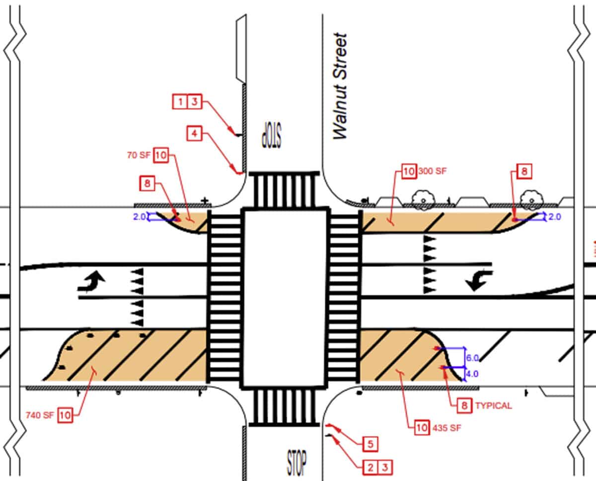 Alameda Post - A diagram of lanes at Walnut and Lincoln. Lincoln has three travel lanes in each direction, with designated left turn lanes onto each side of Walnut.