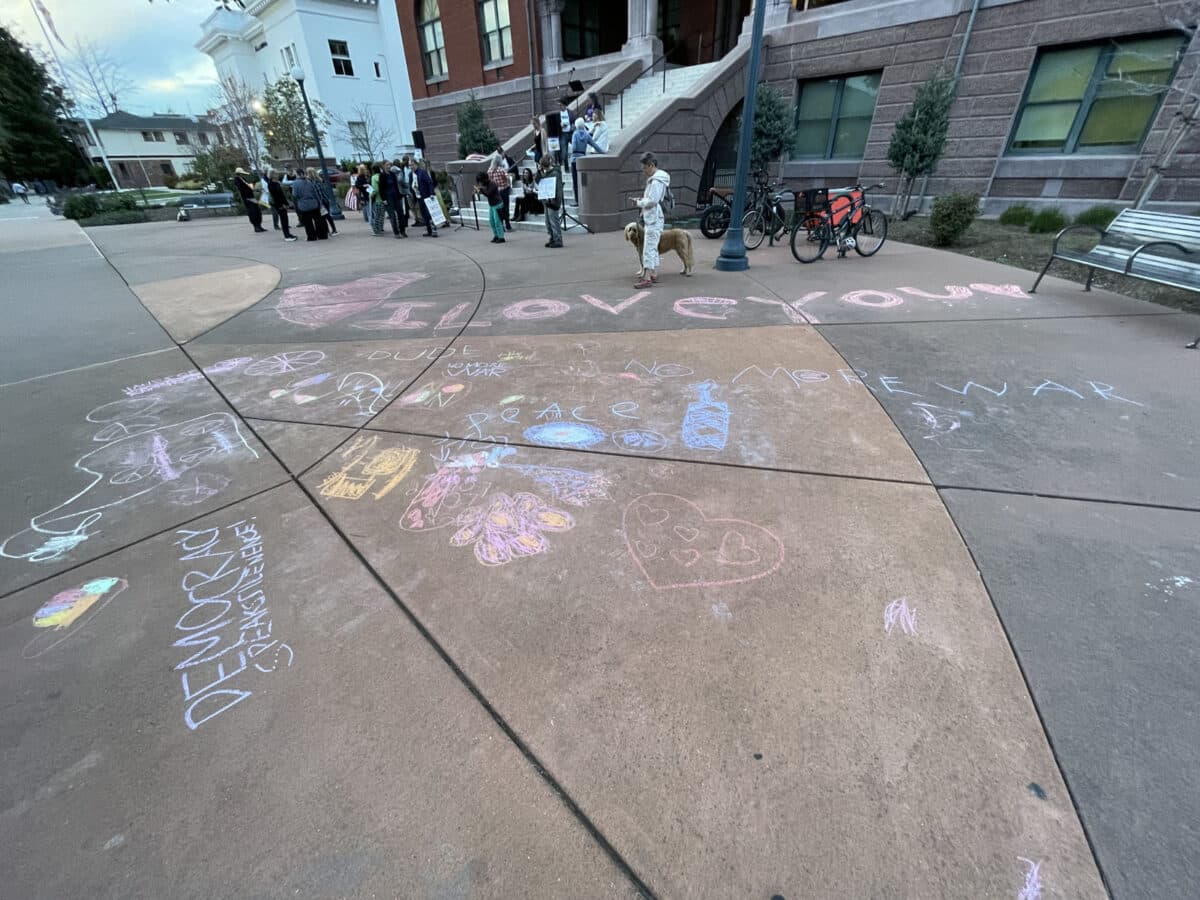 Alameda Post - Sidewalk chalk drawings in front of City Hall. One large one says "I love you"