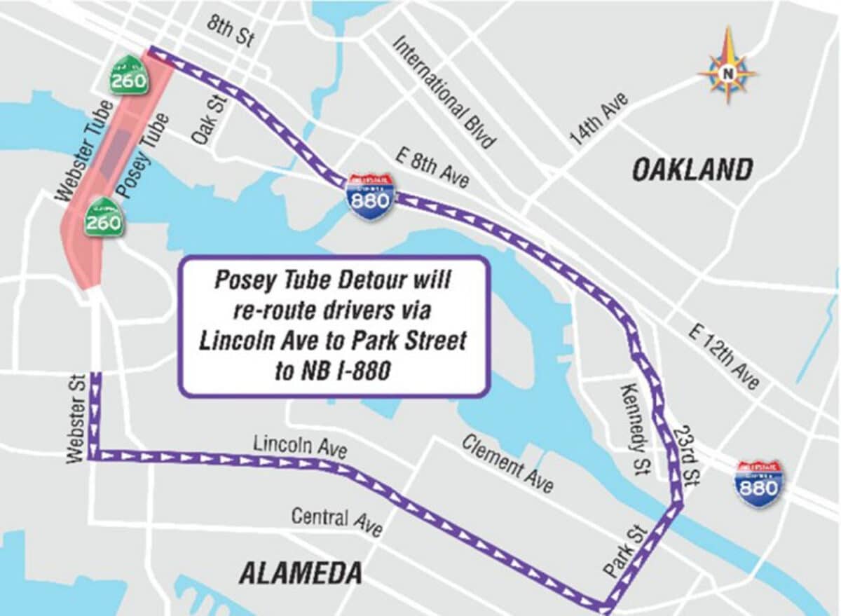 Alameda Post - A map showing a detour across the Park Street bridge when the Posey Tube is closed.