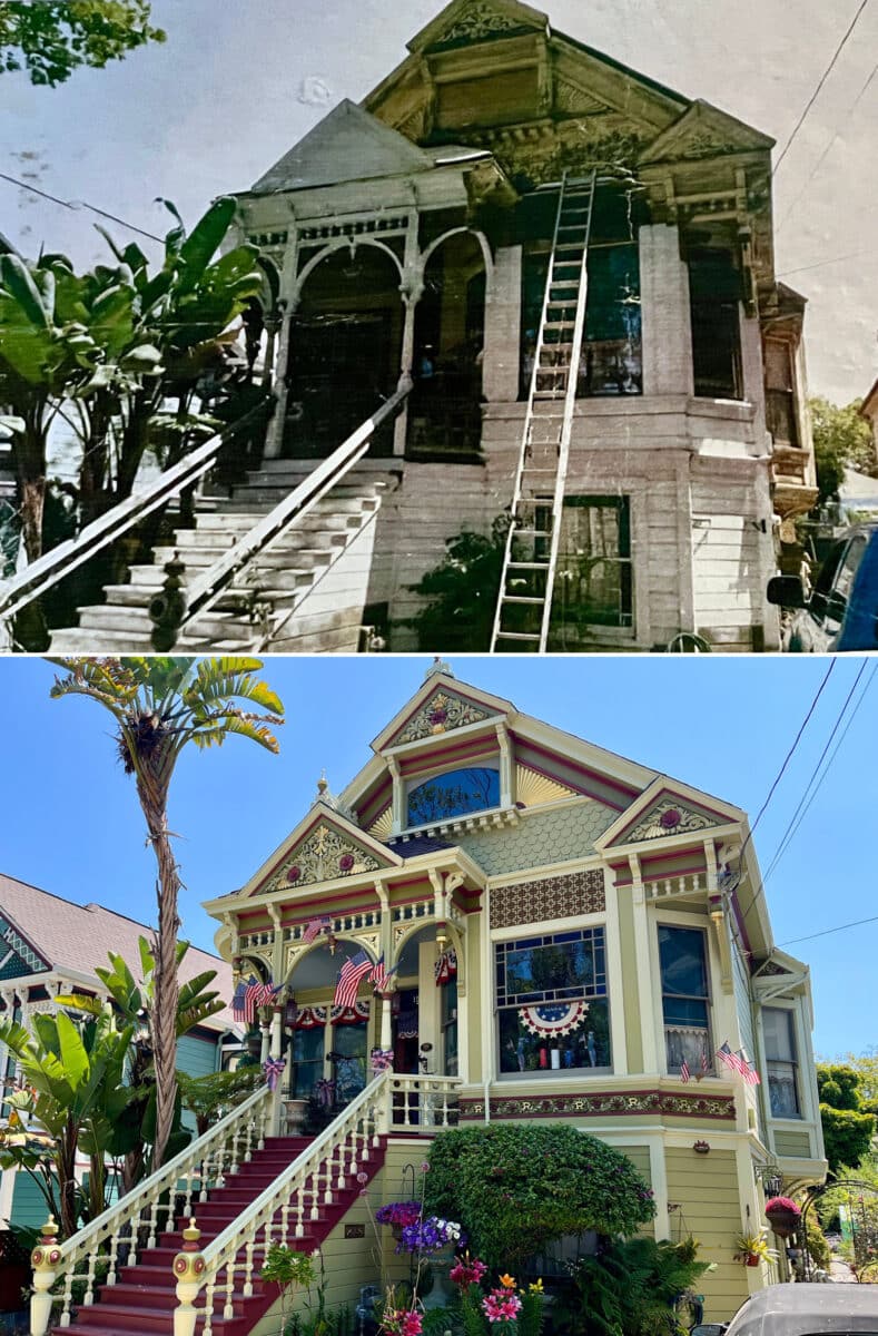 Alameda Post - An ornate Queen Anne style cottage during and after renovations to the front of the building.