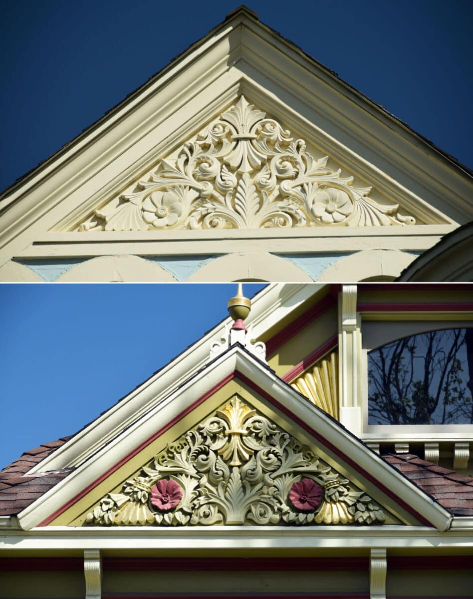 Alameda Post - A side by side comparison of very similar plasterwork at the top of two homes.