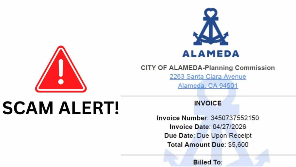 Alameda Post - A large red triangle with an exclamation point and the words "Scam Alert!" with an example of the emails sent by scammers posing as the "Alameda Planning Commission." 