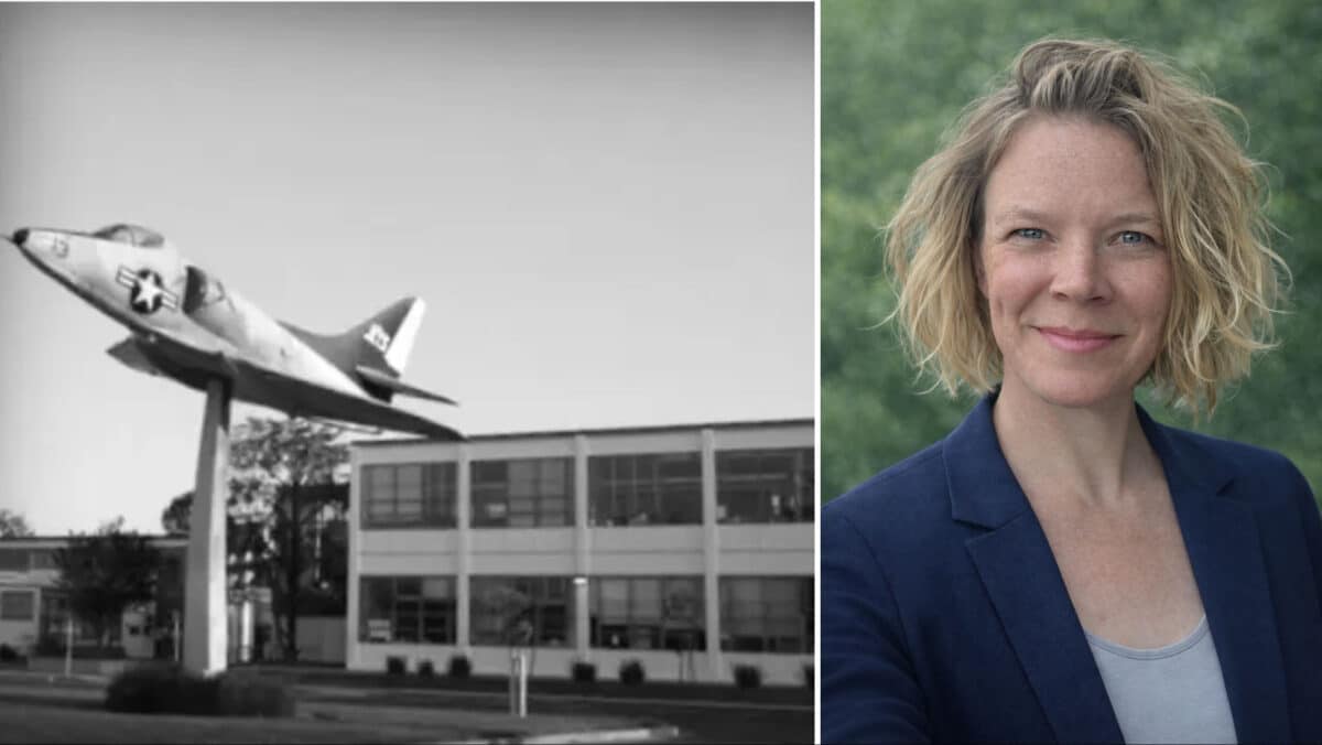 Alameda Post - An old black and white photo of the Jet in front of Encinal school, and a headshot of Katherine Werner.
