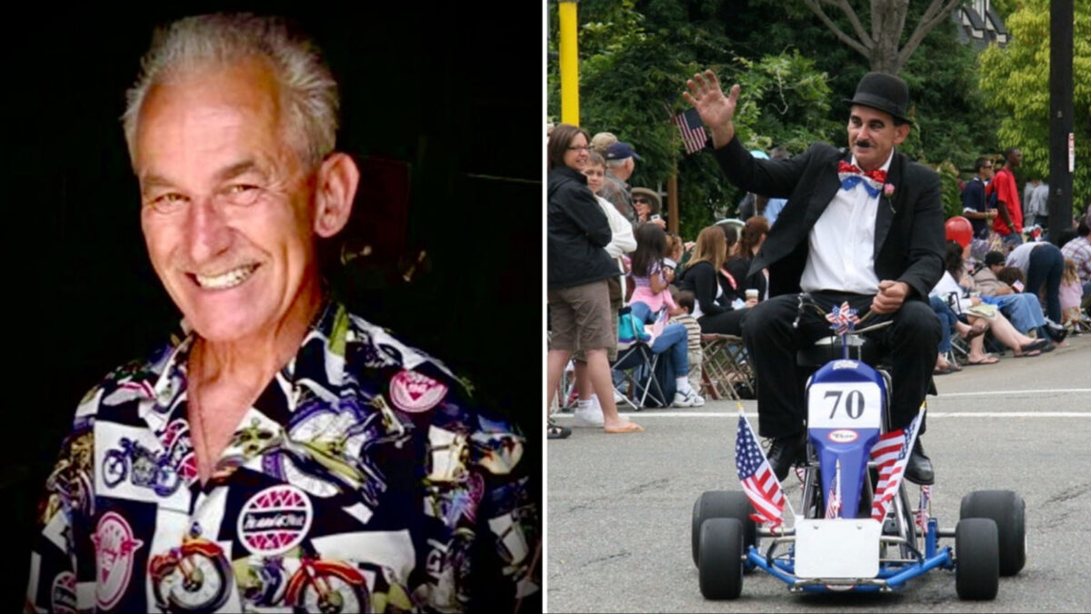 Alameda Post - Mark Betz rides in the Alameda Fourth of July parade dressed as Charlie Chaplin, and in another photo he smiles at the camera in a motorcycle shirt.